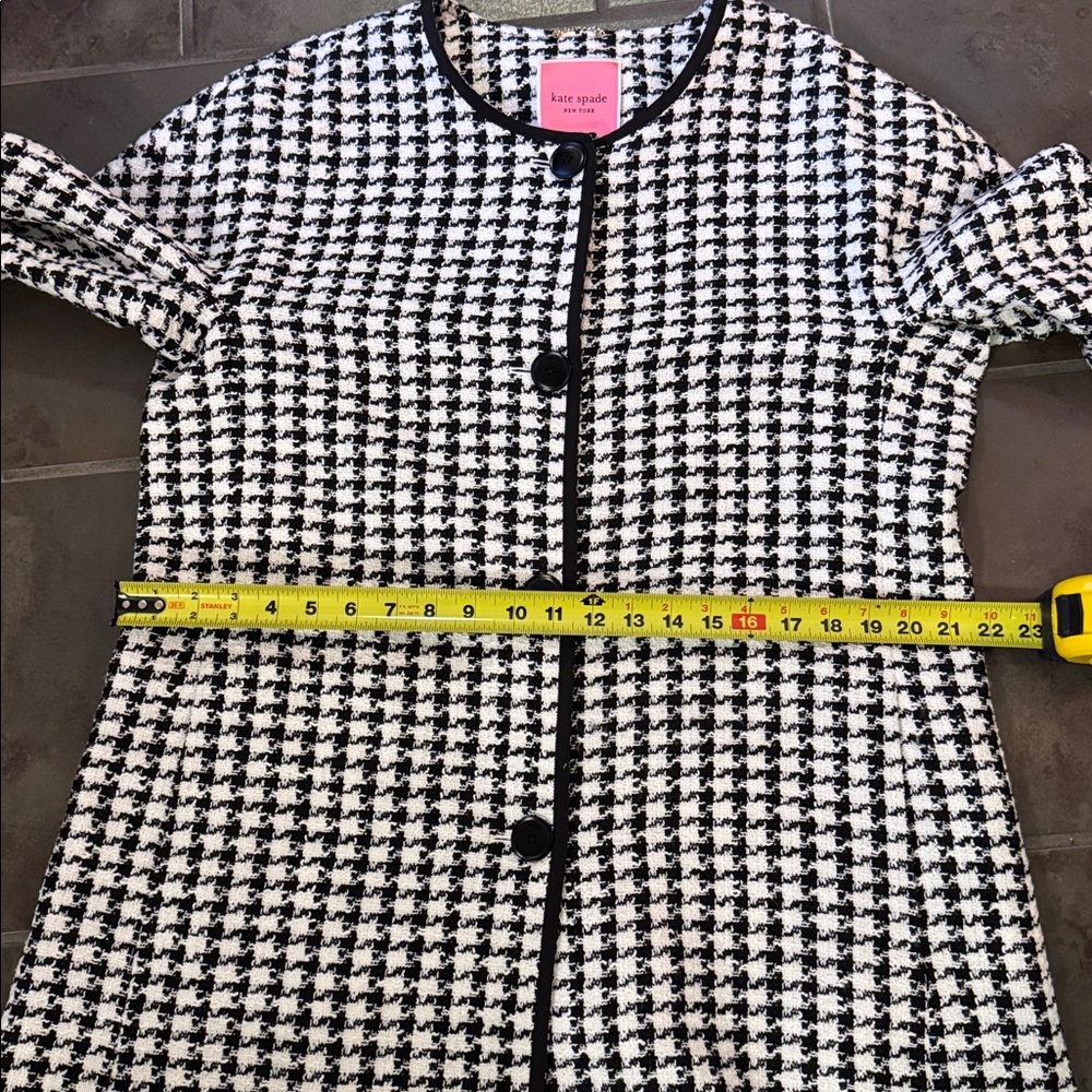 Kate Spade Women’s Houndstooth Tweed Coat Black White Crewneck Pea Coat Size XL - Picture 10 of 11